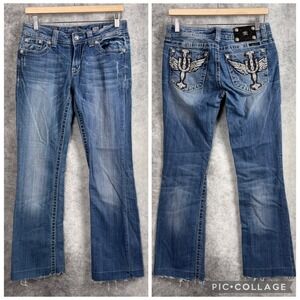 Miss Me‎ Medium Wash Boot Cut Wings Rhinestone Bling Raw Hem Jeans Size 29